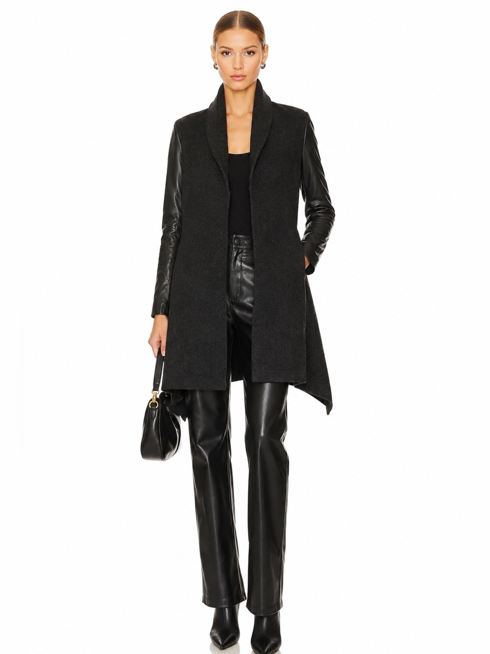 l Danier Leather Wool Coat XS Black Genuine Leather Sleeve Coat Asymmetrical Hem